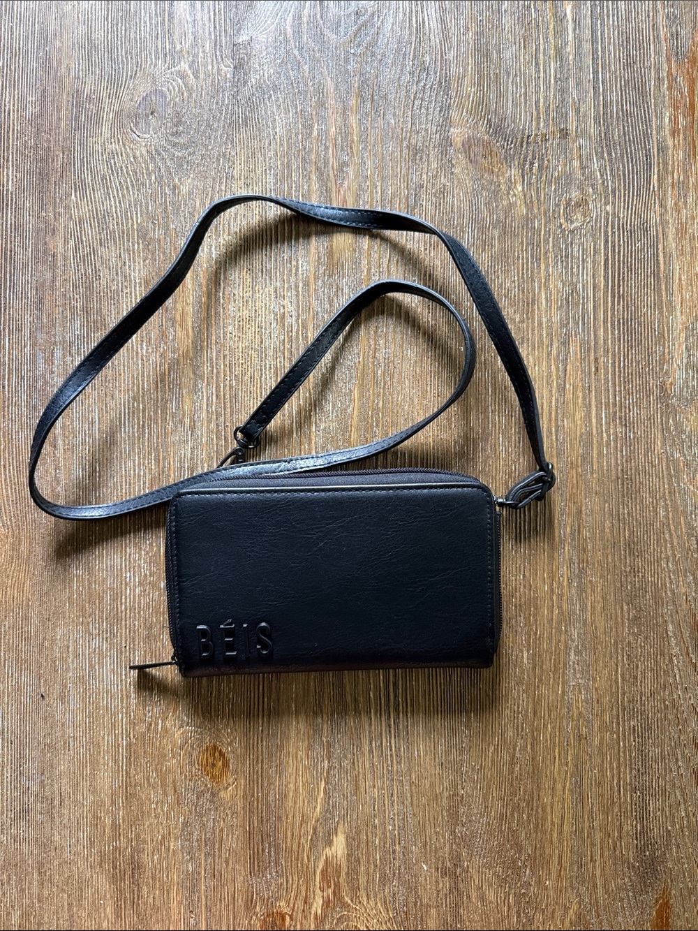 BEIS Black Leather Crossbody Wallet Purse